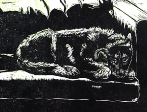 Detail of lino, "What are you looking at"