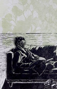 Detail of Linocut, What are you looking at.